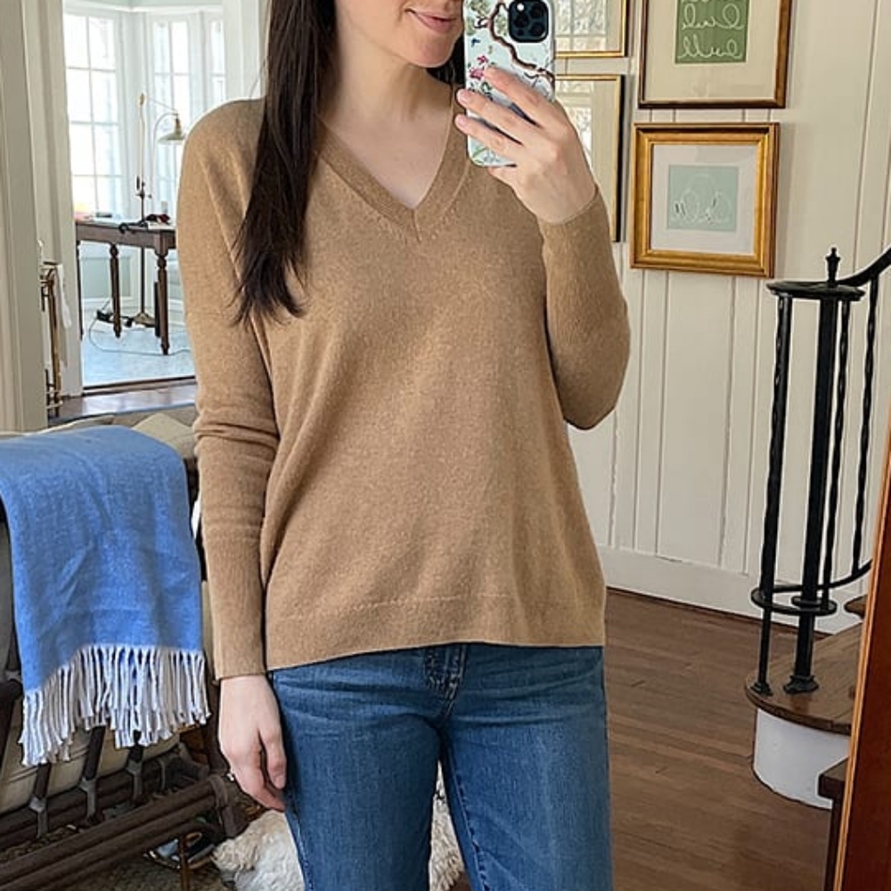 J. Crew 100% Cashmere V-Neck Relaxed Boyfriend Sweater Knit Tan Women's Small